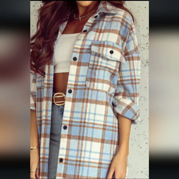 🔥New sky blue long plaid shacket - Picture 17 of 17